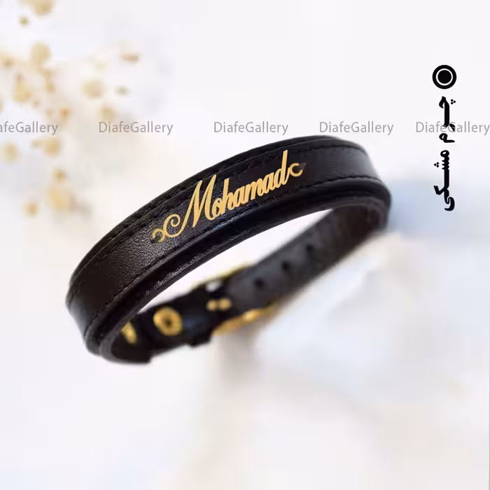 دستبند چرم محمد با پلاک نقره با آبکاری طلا 18 عیار و چرم طبیعی کد 2