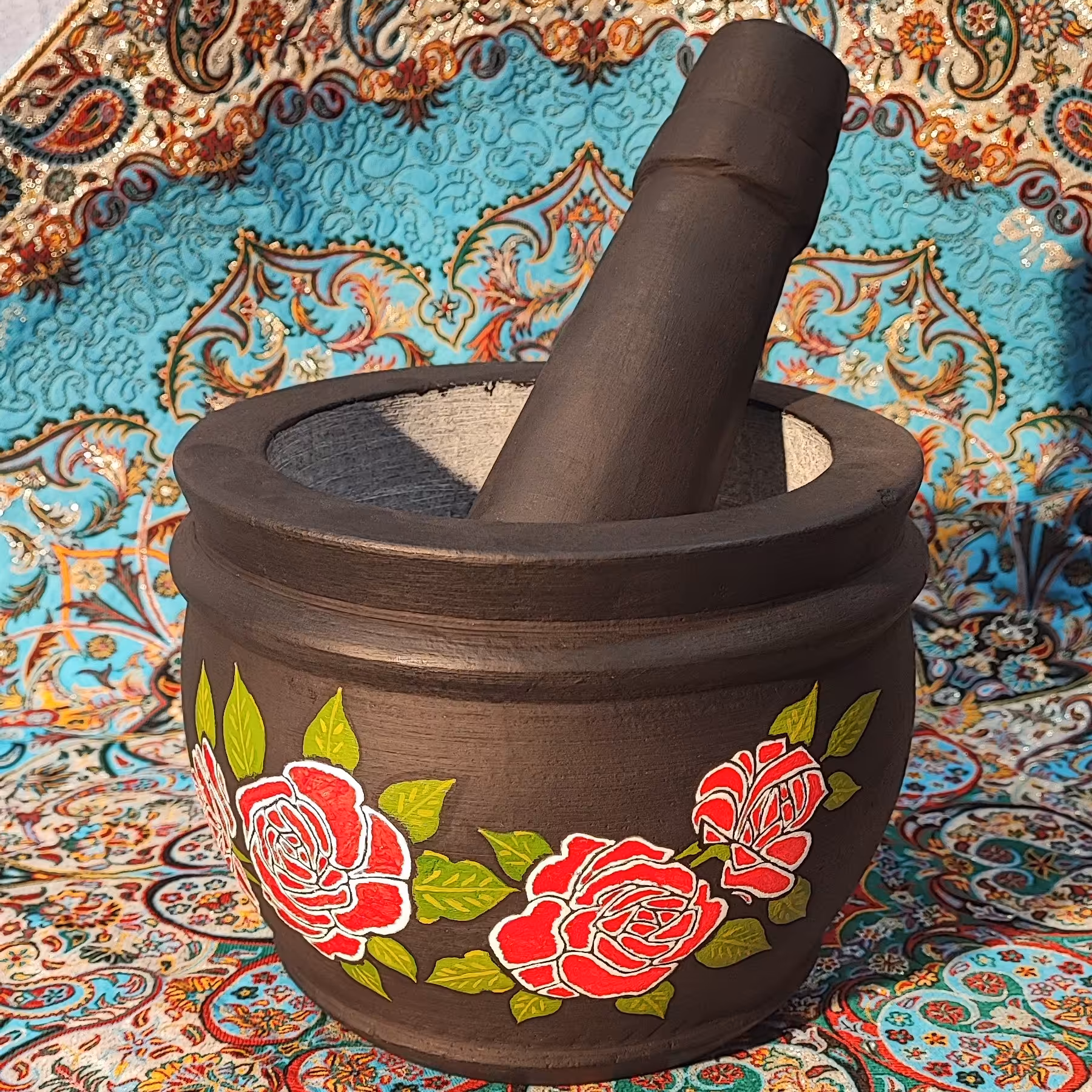 هاون سنگی نقاشی شده گلبرگ قرمز سایز بزرگ
