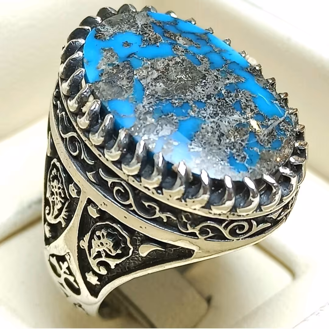 انگشتر  نقره فیروزه نیشابوری شجری  آبی 36