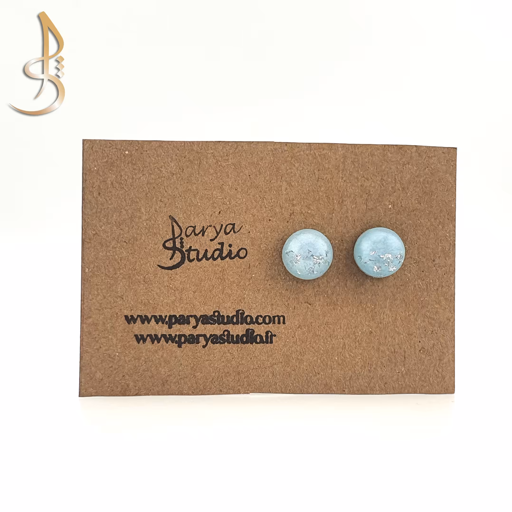 گوشواره میخی رزینی دایره آبی روشن و ورق نقره ای قطر 1.1 سانتی متر کد 002