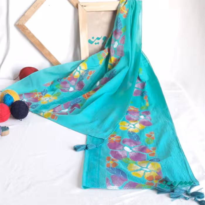 شال نخی بهارک سبزآبی برند سروین چاپ دستی
