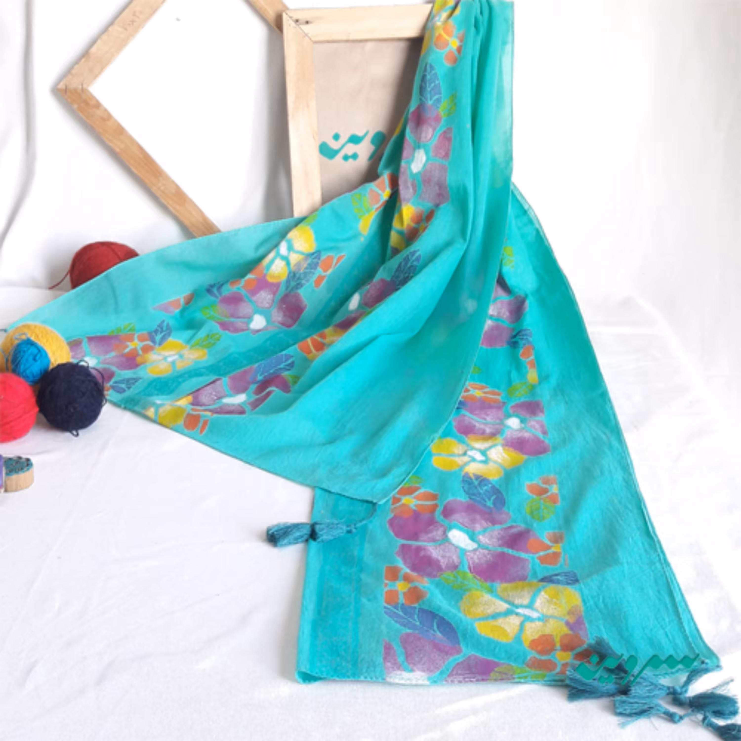 شال نخی بهارک سبزآبی برند سروین چاپ دستی