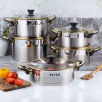 سرویس قابلمه 10 پارچه استیل ریور دسته و قپه باکالیت- استیل طلایی