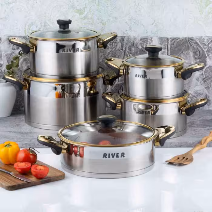 سرویس قابلمه 10 پارچه استیل ریور دسته و قپه باکالیت- استیل طلایی