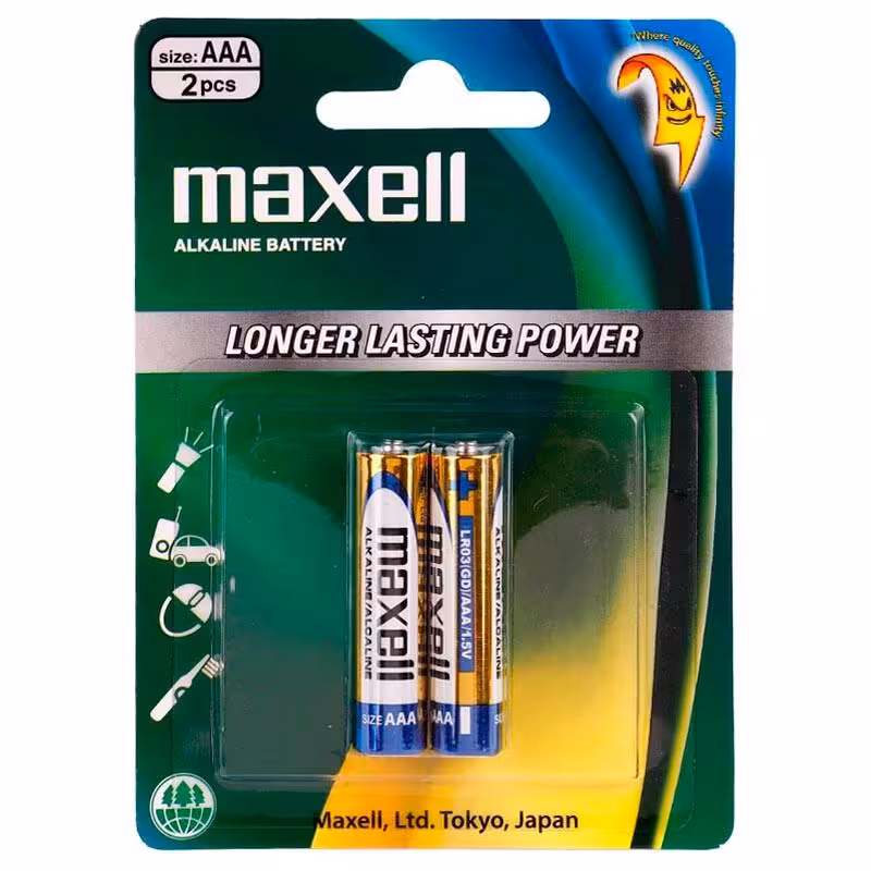 باتری آلکالاین نیم قلمی مکسل جفت اندازه AAAMaxell Alkaline 1.5V AAA Battery 2 Of Pack