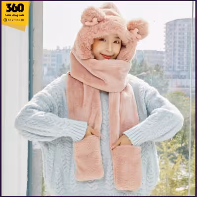 کلاه شال گردن دستکش تدی صورتی
