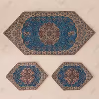 رومیزی ترمه ست 3 تکه طرح نسترن جدید رنگ آبی با کیفیت عالی 