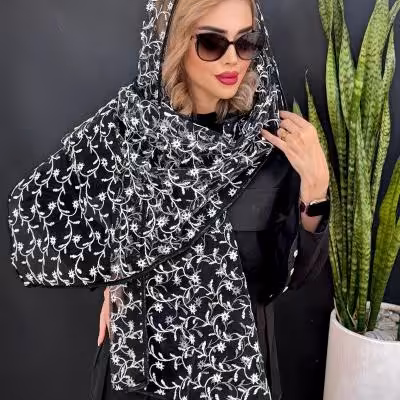 شال توری مجلسی تک مشکی گلدوزی شده