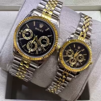 ست ساعت رولکس طرح سه موتوره بنداستیل دورنگ صفحه مشکی