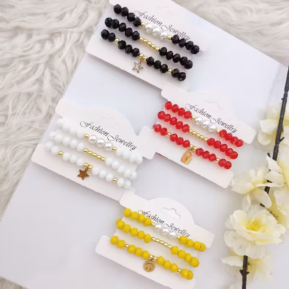 دستبند ست با کریستال سنگی و پلاک استیل