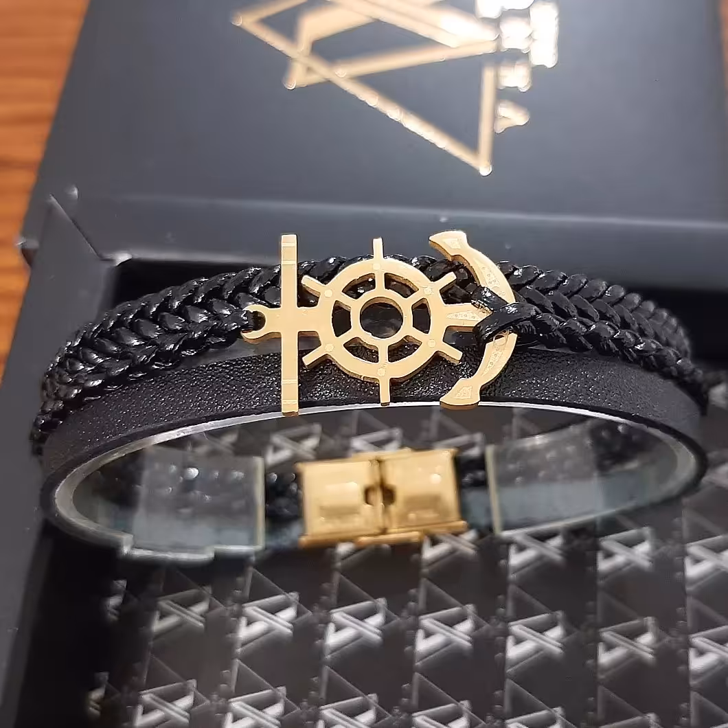 دستبند چرم طرح ملوانی پلاک استیل