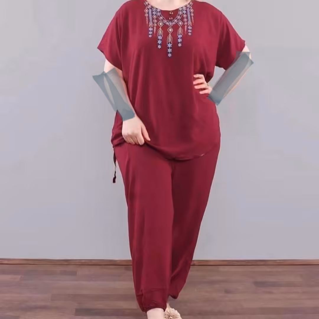 ست بلوز و شلوار نخی زنانه دخترانه شسته شده بدون آبرفت و بدون رنگ رفت فری سایز مناسب سایز 38 تا 48