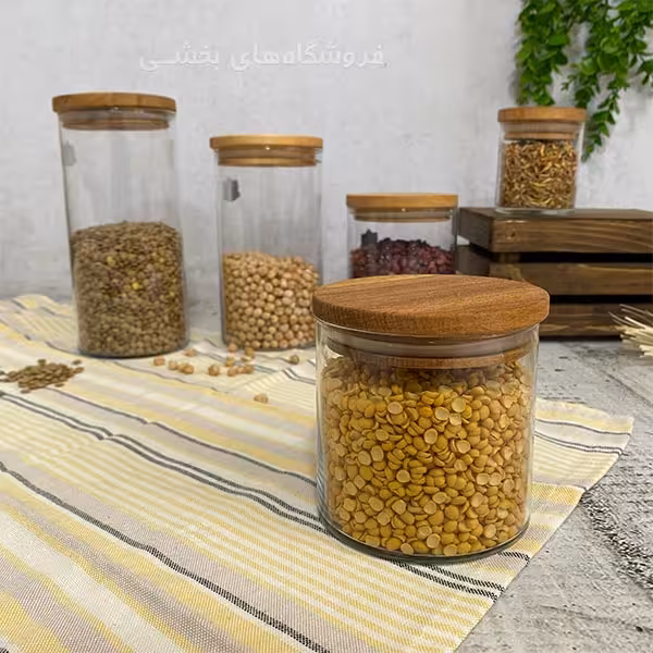 بانکه شیشه ای مدل درب چوبی هرا سایز 4 نیلوفر