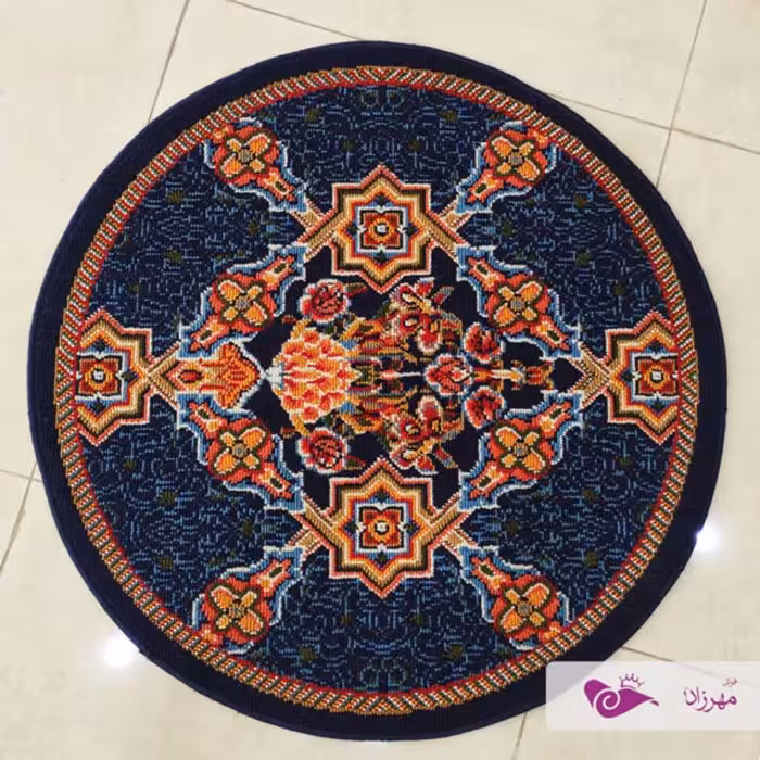 گلیم ماشینی یک در یک گرد طرح بوته سرمه ای