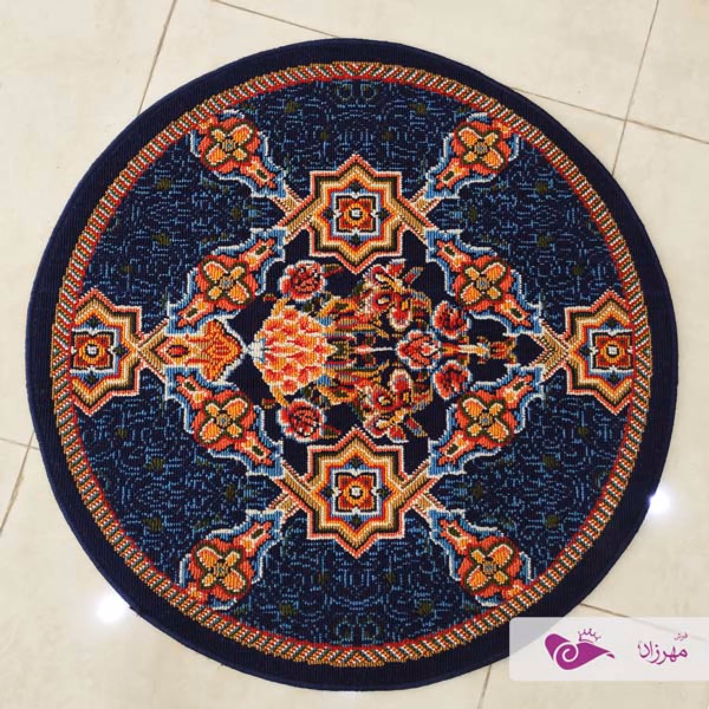 گلیم ماشینی یک در یک گرد طرح بوته سرمه ای