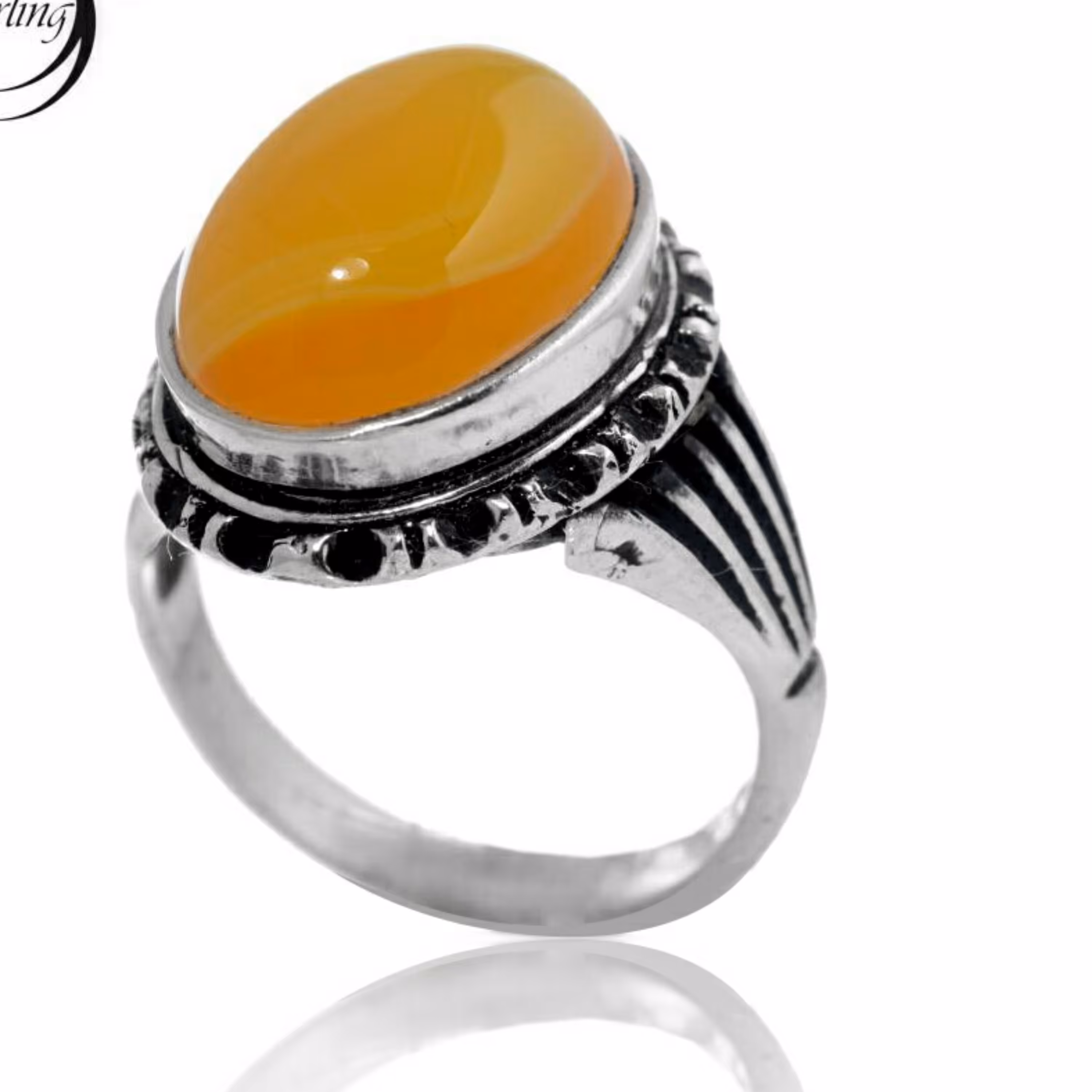 انگشتر نقره با سنگ اونیکس برجسته نارنجی و سیاه قلم با کد2573