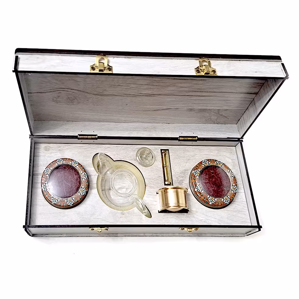  زعفران اصل قائنات به همراه دمنوش، هاونگ در جعبه جوبی شیک و لاکچری