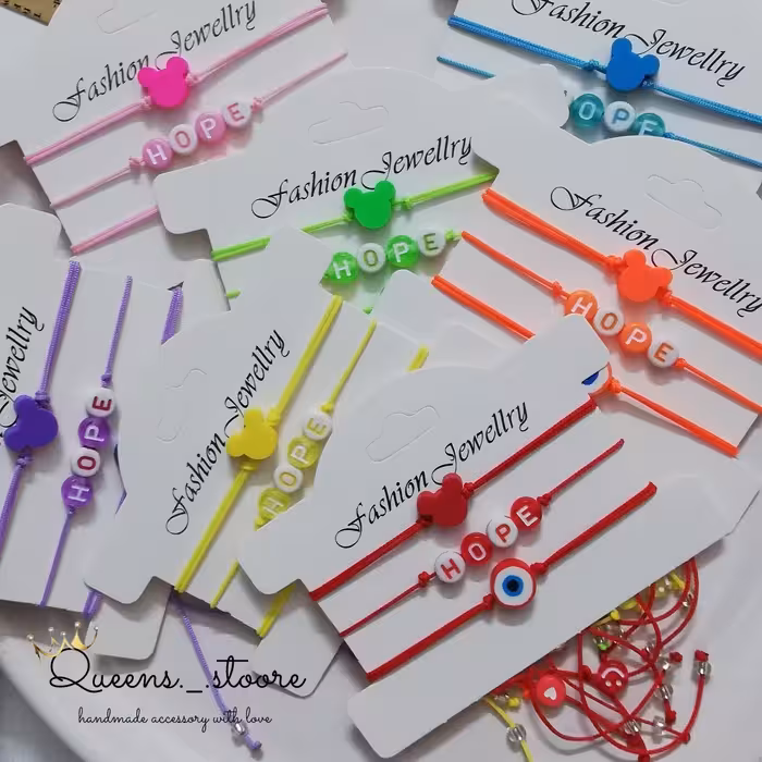 دستبند های جذاب تابستونی  سه عددی hope میکی موس و چشم نظر فری سایز 