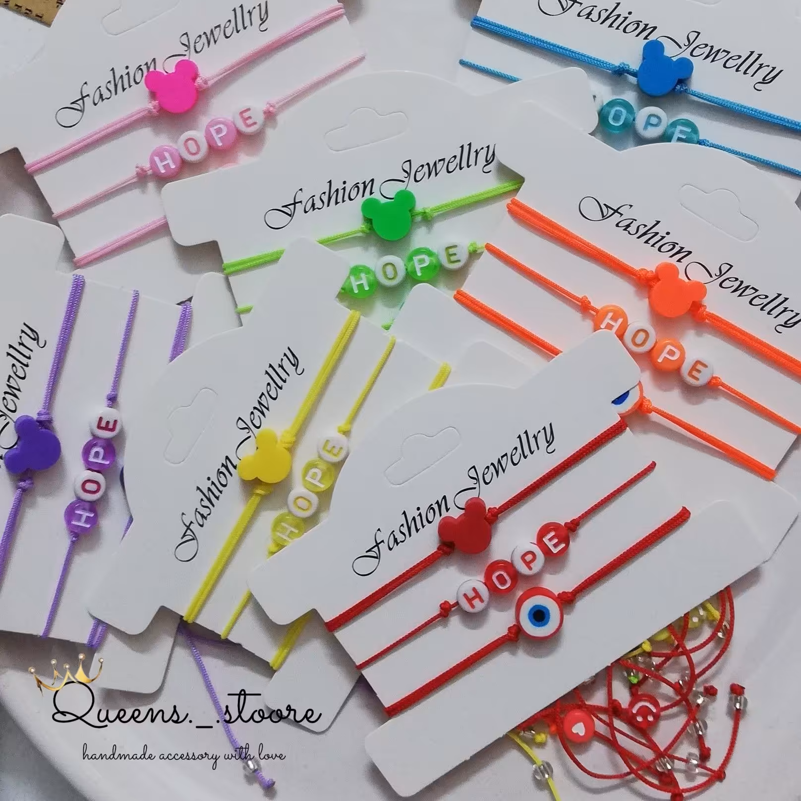 دستبند های جذاب تابستونی  سه عددی hope میکی موس و چشم نظر فری سایز 