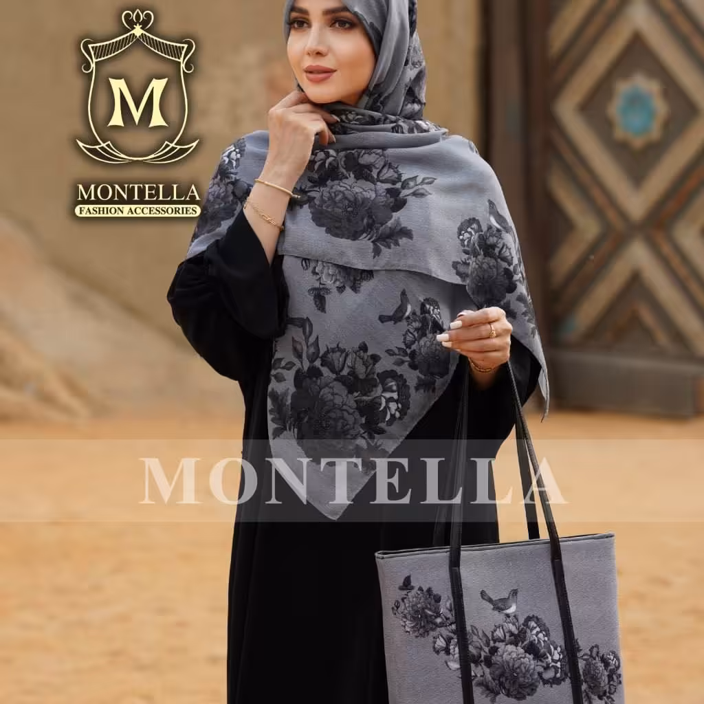 ست کیف و روسری زنانه مجلسی رنگ طوسی طرح گلدار زیبا و شیک mo105
