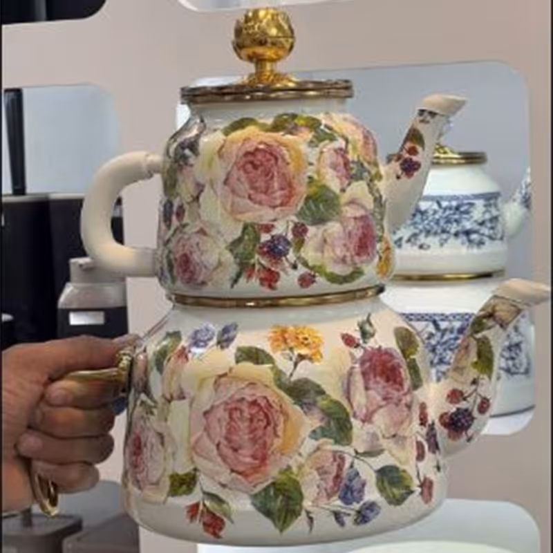 ست کتری و قوری ترک مدل سفید گل رنگی