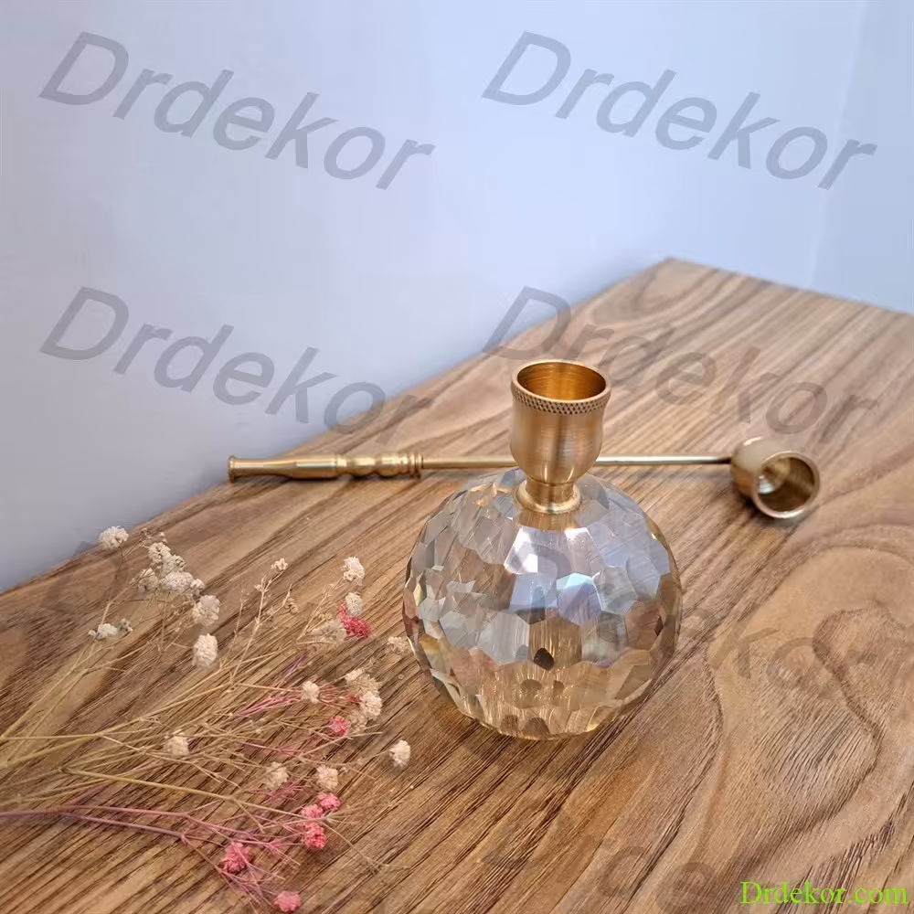 جاشمعی یا شمعدان برنجی با کریستال شامپاینی سایز بزرگ