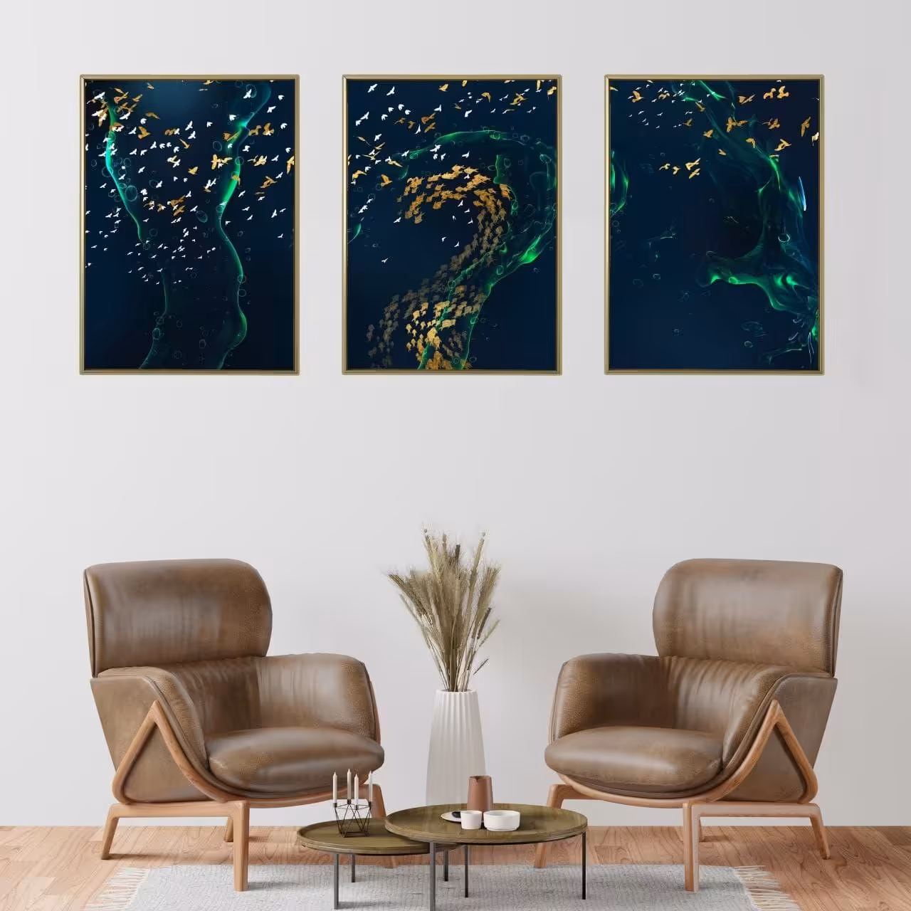 تابلو دکوراتیو فانتزی طرح پرنده های سفید وطلایی سه تکه