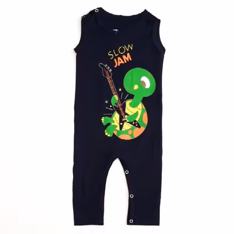 رامپر سرهمی سوپر پنبه سورمه ای تیره برند Rainbow Kids قد کل 61 سرشانه تا فاق 41 عرض 26 زیردکمه دار