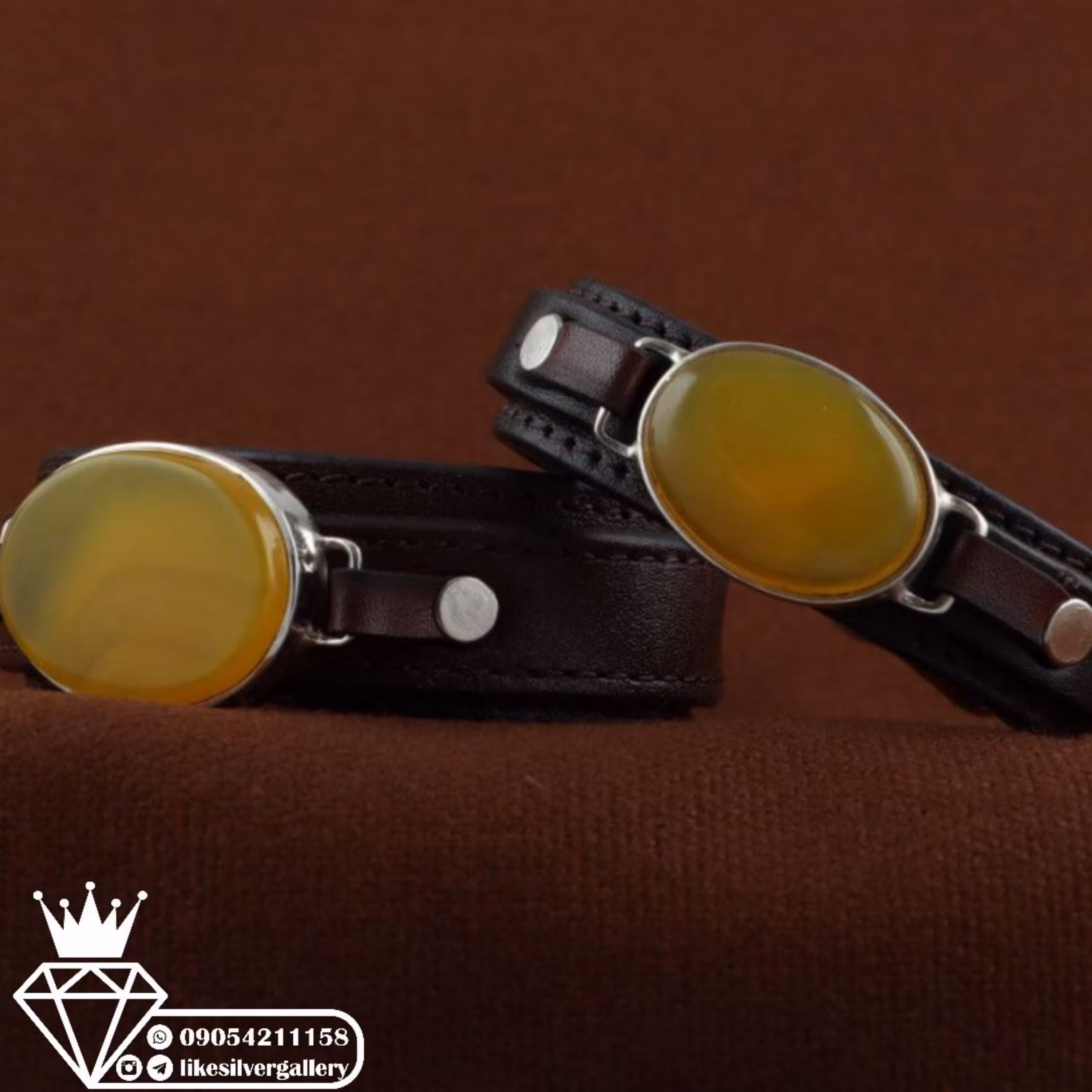 دستبند ست شرف الشمس چرم گاوی طبیعی قاب دور نگین (نقره دستساز)کد616 ارسال رایگان