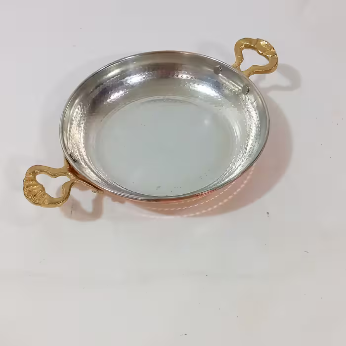 ماهی تابه مسی دو دسته برنجی زنجان چکش کاری شده داخل قلع قطر 18