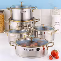 سرویس قابلمه 10 پارچه استیل ریور با دسته و قپه طلایی