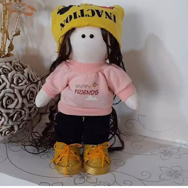 عروسک روسی زرد و صورتی  مو فرفری