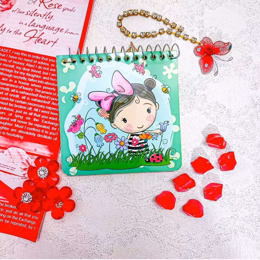 لوازم التحریر فانتزی . دفترچه یادداشت فانتزی سویل. دفتر یادداشت داخل طرحدار خاص. طرح دختر . نقاشی شده شکل دار