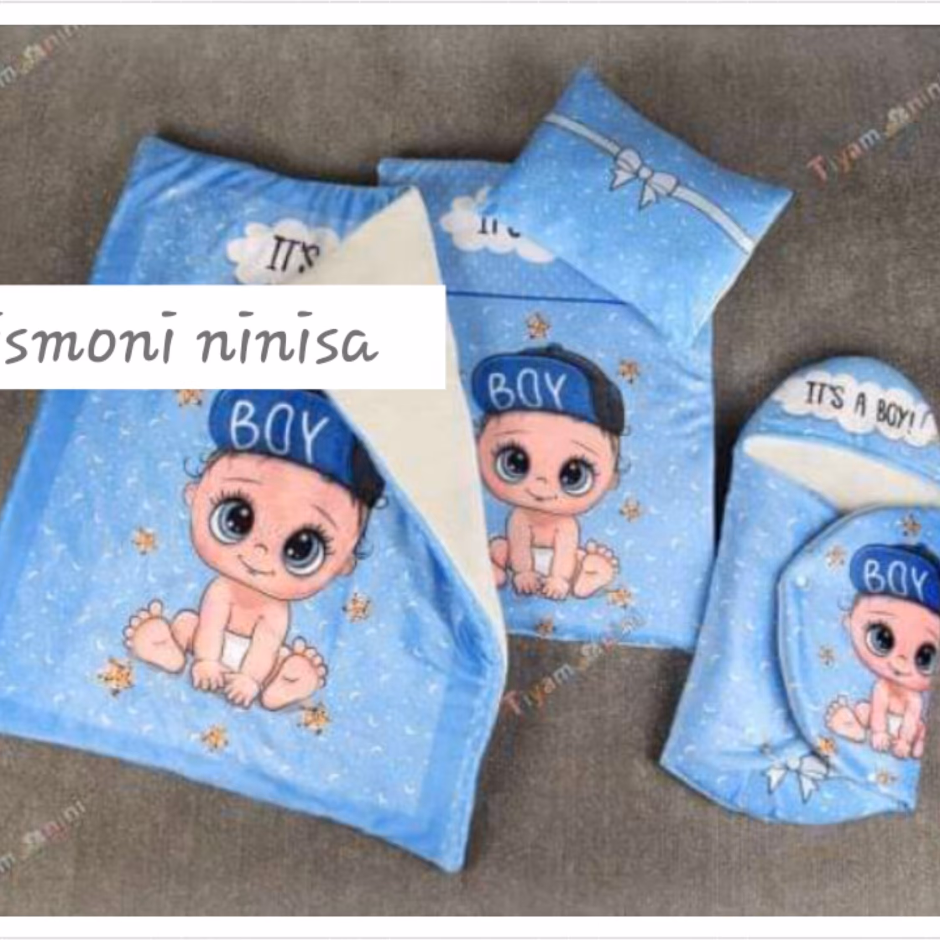 سرویس خواب 4 تکه نوزاد طرح پسر کلاه بیبی رنگ آبی