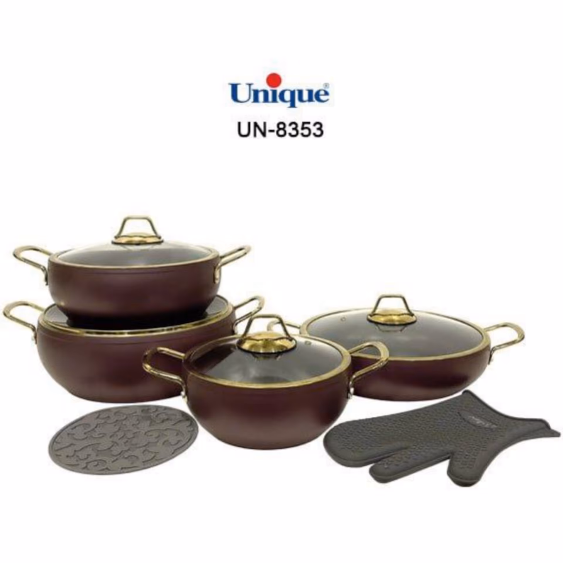 سرویس قابلمه 8 پارچه بورگاندی خمره ای 
با دستکش و زیر قابلمه ای یونیک
کد  8353