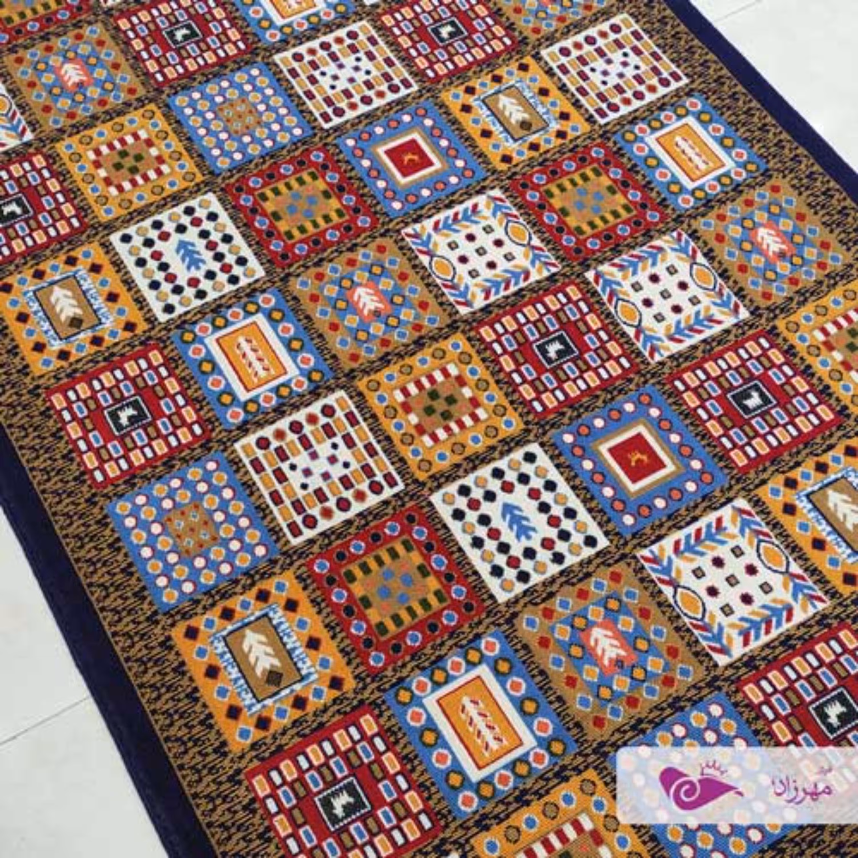 گلیم ماشینی یک در یک ونیم طرح سرامیکی سرمه ای