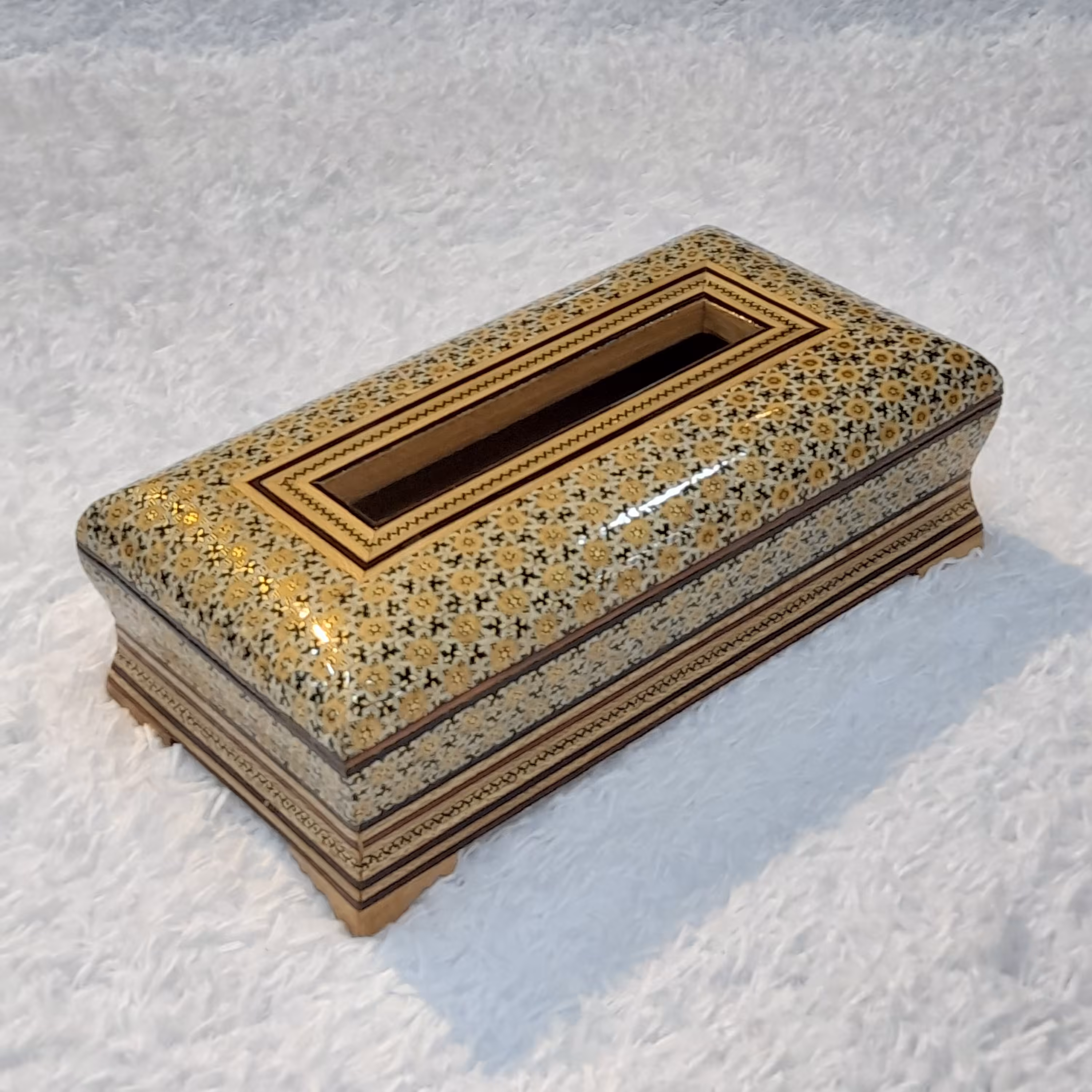 جعبه دستمال کاغذی لولادار تاج دار خاتم کاری(مدل پسته ایی)(گارانتی 120 ماهه)