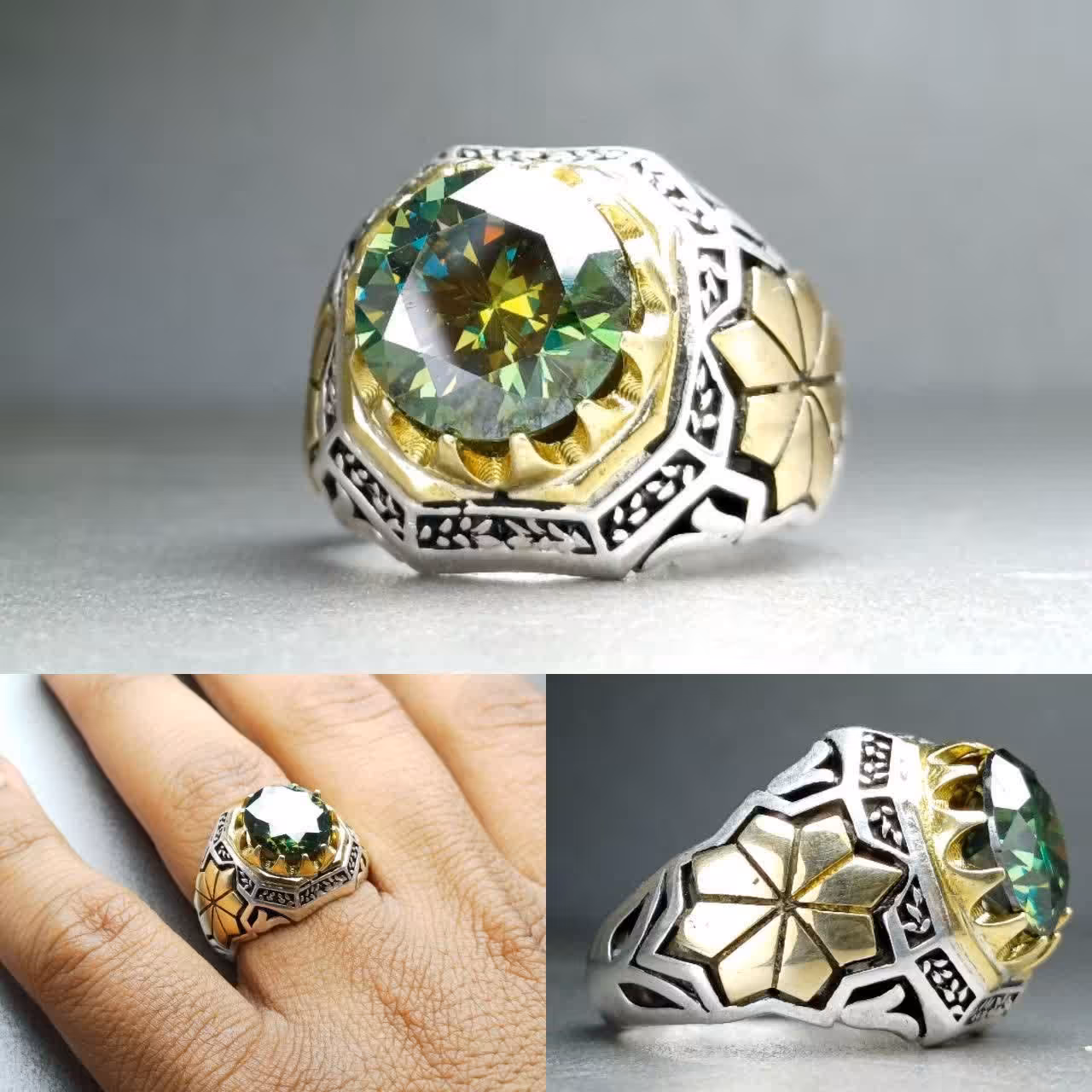  انگشترموزانایت الماس روسی اصلی رکاب نقره دورنگ برنجی نقره عیار 925ارسال رایگان 