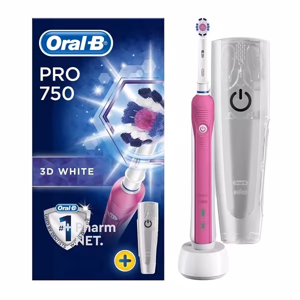 مسواک برقی اورال بی Oral-B مدل pro 750 سری 3D White | رنگ صورتی، همراه با کیف مسافرتی