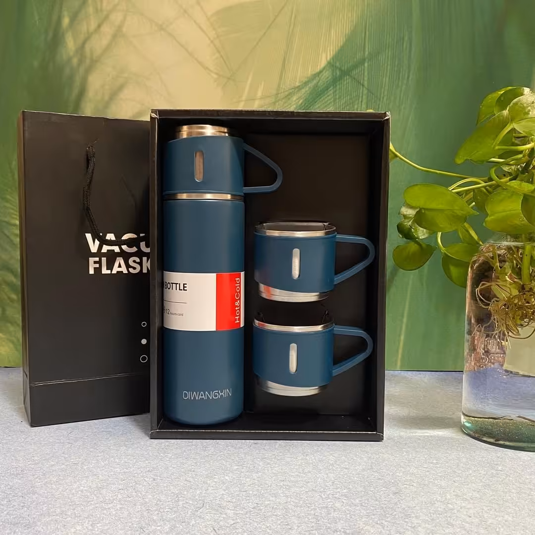 فلاسک استیل سه کاپ گنجایش 0.5 لیتر رنگ سرمه ای 