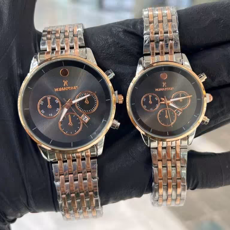 ساعت ست مردانه زنانه رومانسون بند استیل نقره ای رزگلد صفحه مشکی با 6 ماه گارانتی