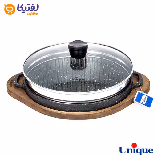 تابه گریل چدنی یونیک درب دار 30 سانتیمتری (سینی چوبی) UN-6001