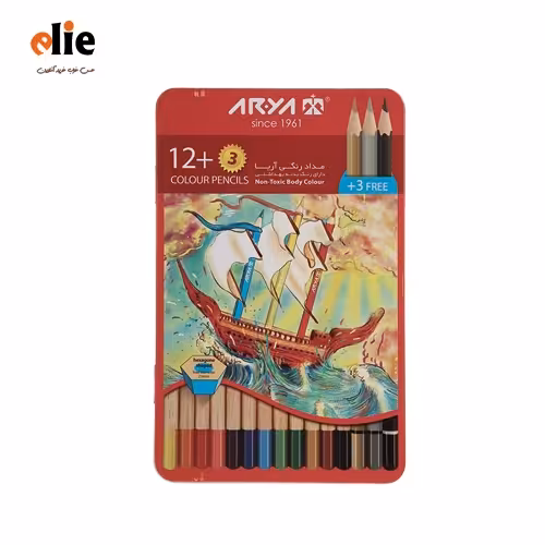 مداد رنگی 3 12 رنگ آریا جعبه فلزی طرح کشتی
