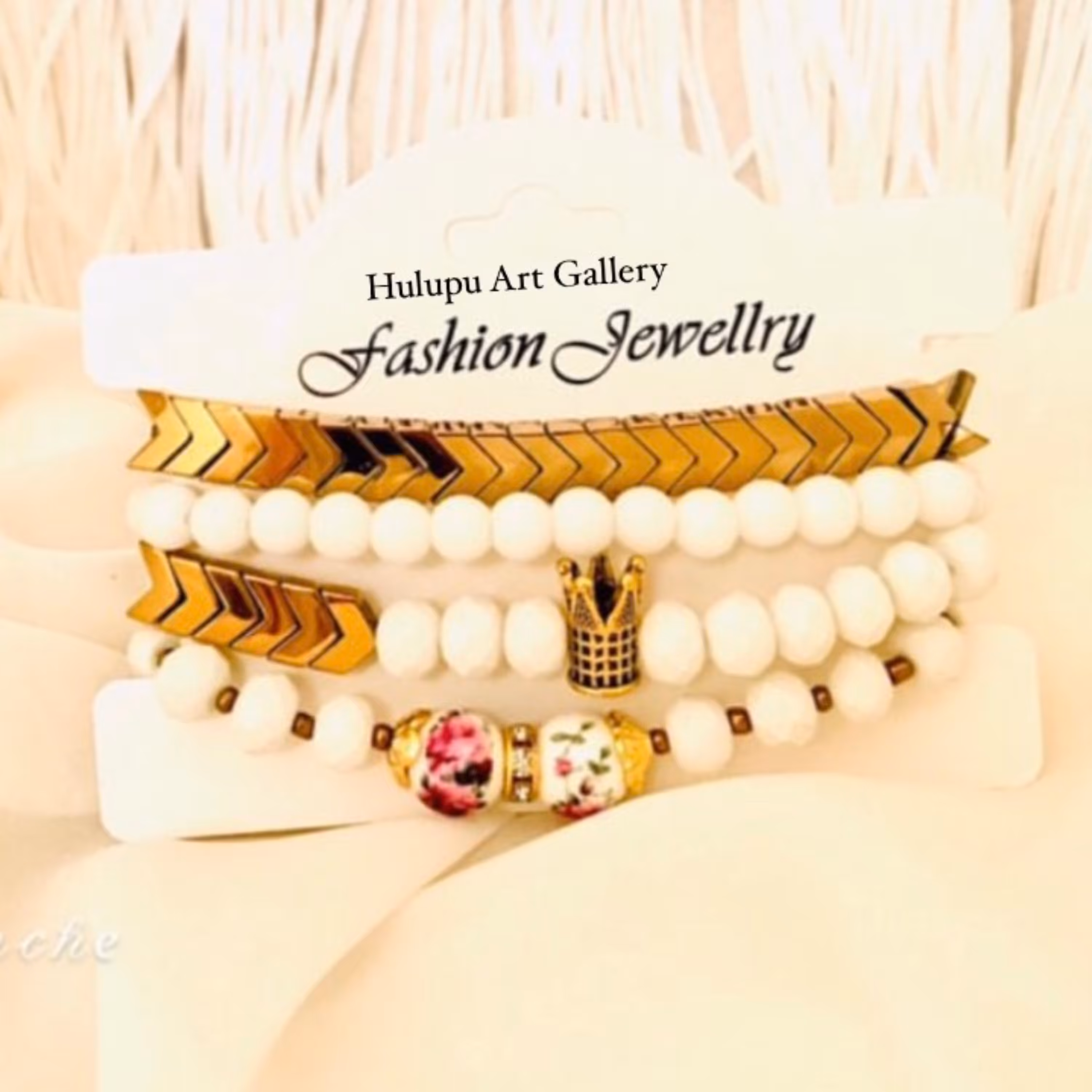 دستبند مهره سنگ اونیکس و حدید استیل طلایی و سنگ سرامیک گل سرخی