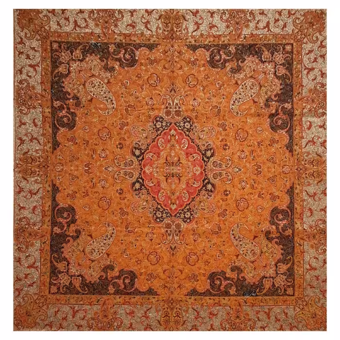 رومیزی ترمه مربع ابریشم  کد TRM17  رنگ نارنجی  آستر نارنجی