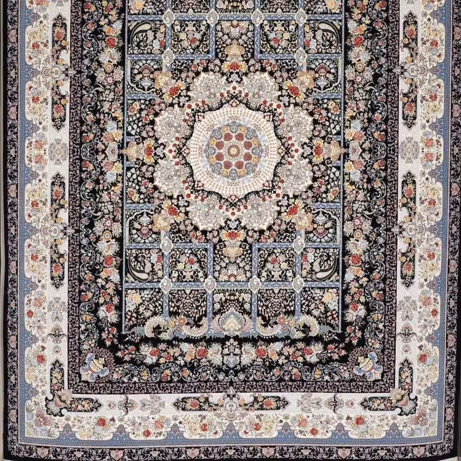 فرش 1000شانه تراکم 3000 طرح خشت طلا سرمه ایی