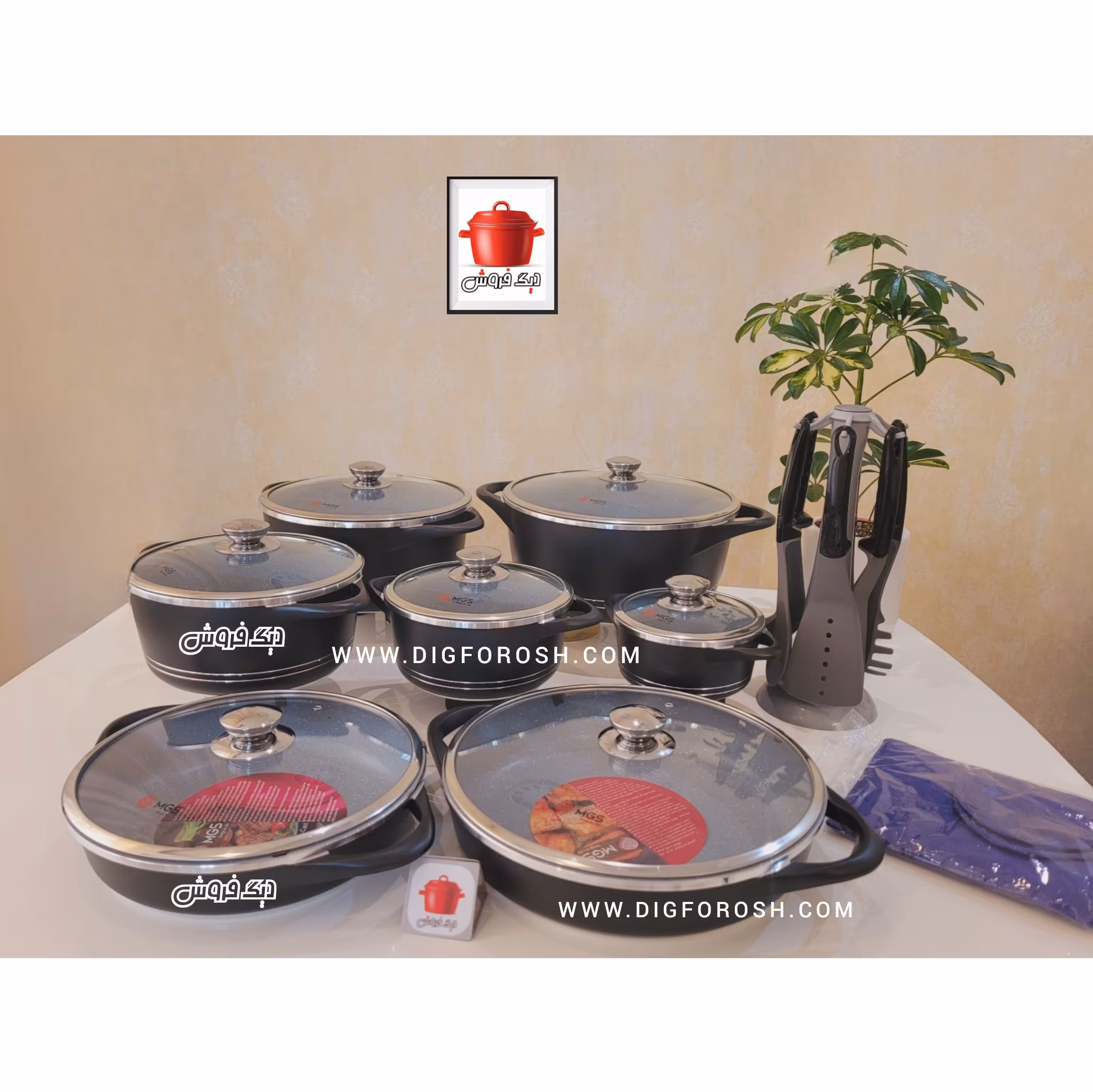 سرویس قابلمه ام جی اس 24پارچه چدن گرانیت مدل ایتالیا رنگ مشکی باضمانت آماده ارسال