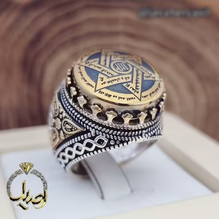 رکاب نقره قلم تاج و بغل برنجی
نگین حدید اصل حکه سلیمان و عین علی وزن 22 گرم