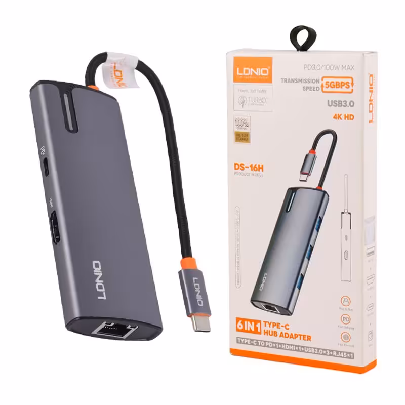 تبدیل و هاب Type-c به USB3/Lan/HDMI/Type-C PD مدل Ldnio DS-16HLdnio DS-16H Type-C To USB3/Lan/HDMI/Type-C PD Hub