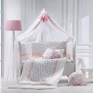 سرویس خواب مامی شاپ  اصل ترکیه  نوزاد نوجوان گارددار سفید صورتی فیل اصل ترکیه 9 تکه 90*135سانتیمتر  momi shop